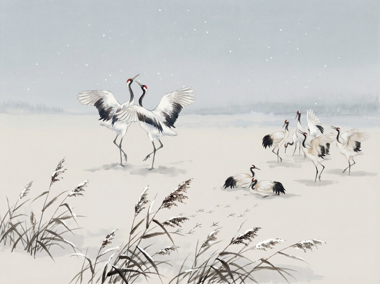 Scenic mural wallpaper featuring red-crowned cranes in a winter marshland scene with Snow Field, Crane White, and Crown Red palette. Made to order.