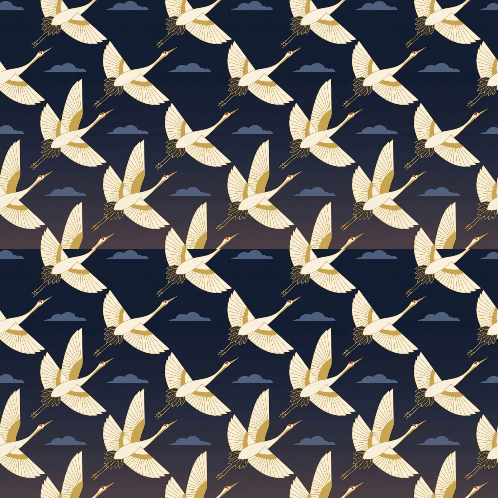 Scenic mural wallpaper featuring stylised cranes in flight, Dusk Sky, Crane White, and Wing Gold palette. Made to order.
