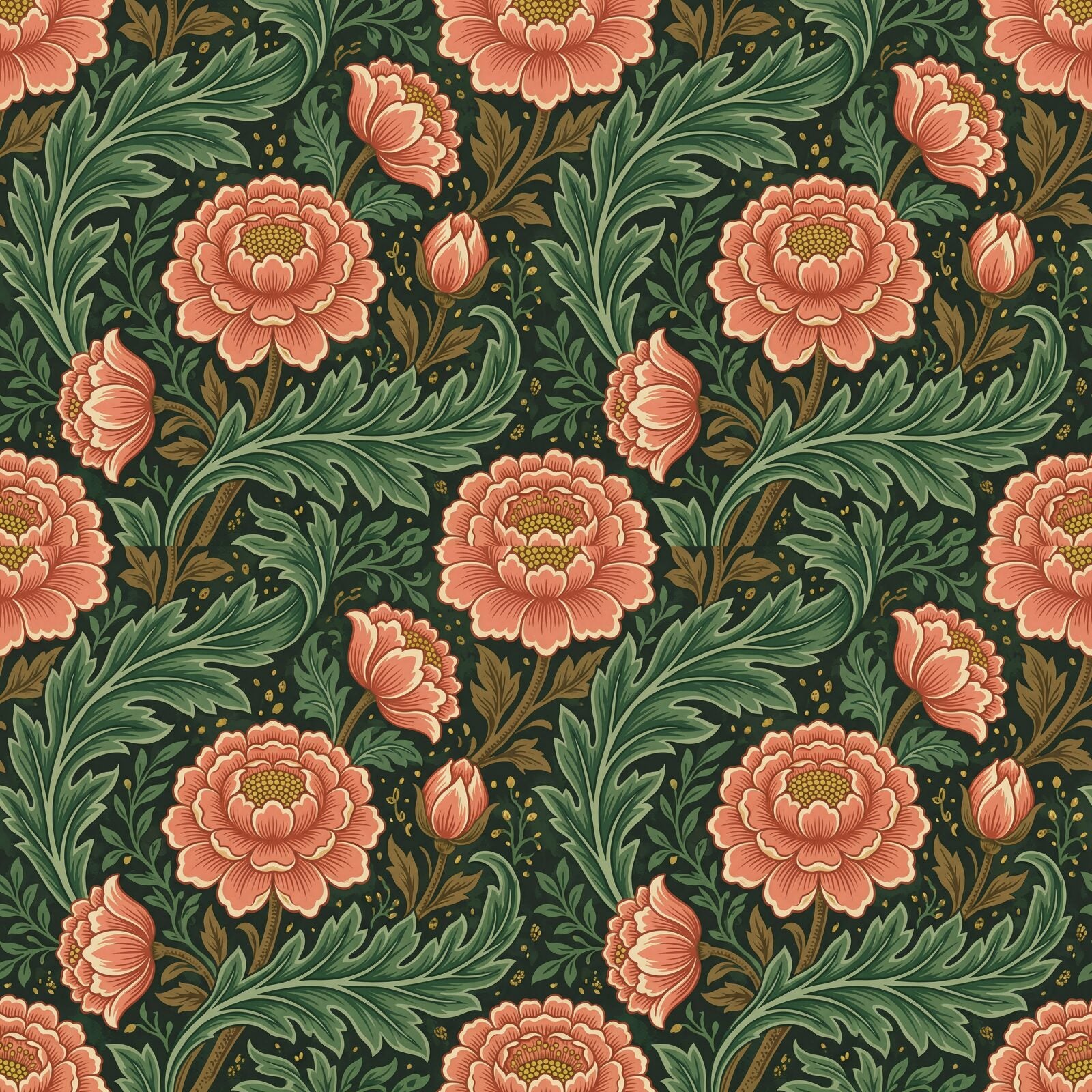 Immerse yourself in the grand scale of Morris's Cray design. A rich palette of sage, coral, and gold. Made to order.