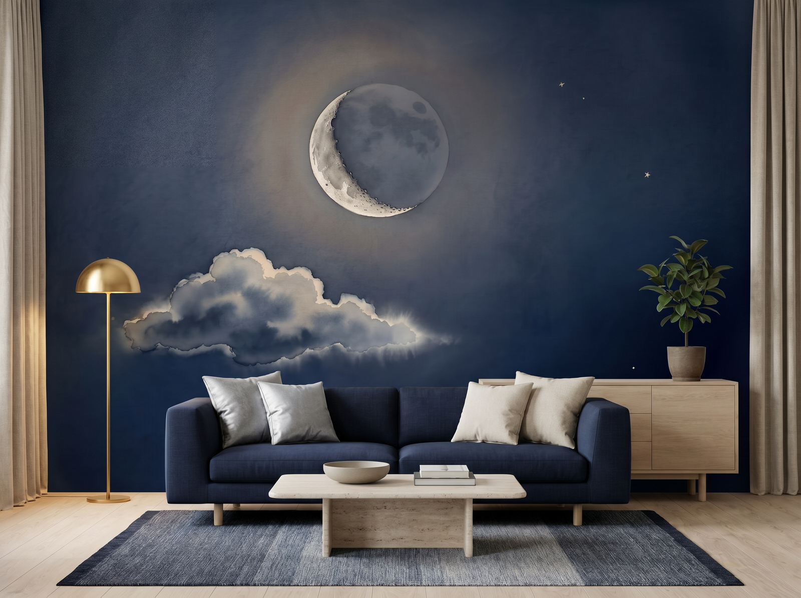 Crescent and Cloud scenic wallpaper mural on the feature wall of a contemporary bedroom, in a moody black-and-charcoal palette — The Wall Shawl.