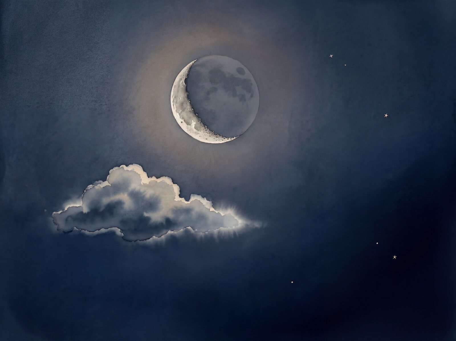 Serene night sky mural with crescent moon, cloud, and stars in Night Navy, Crescent Silver, and Earthshine hues. Made to order.