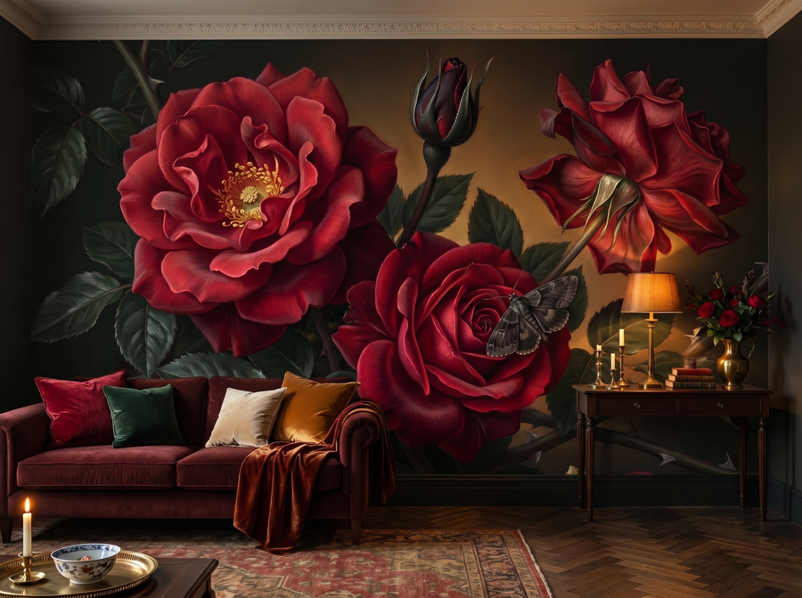 Crimson Glory scenic wallpaper mural on the feature wall of an English-country dining room, in a moody black-and-charcoal palette — The Wall Shawl.