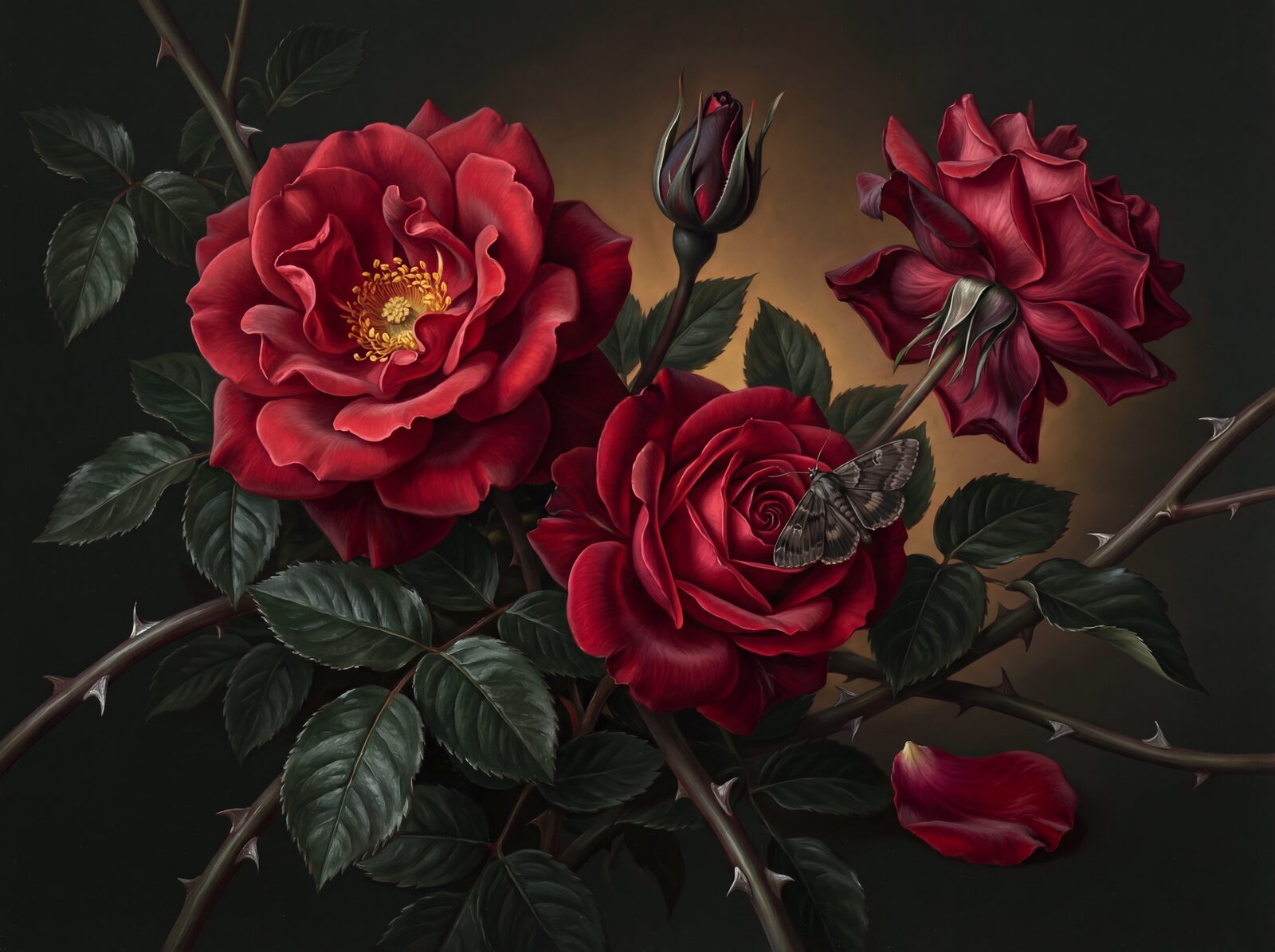 An opulent, intense mural of deep crimson roses against a charcoal-green ground. Crimson, near-black, and old gold. Made to order.