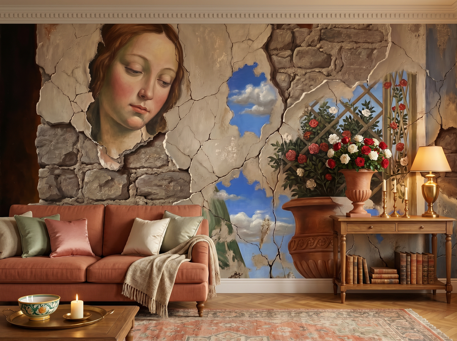 Crumbling Fresco scenic wallpaper mural on the feature wall of a Hollywood-Regency dining room, in a moody black-and-charcoal palette — The Wall Shawl.