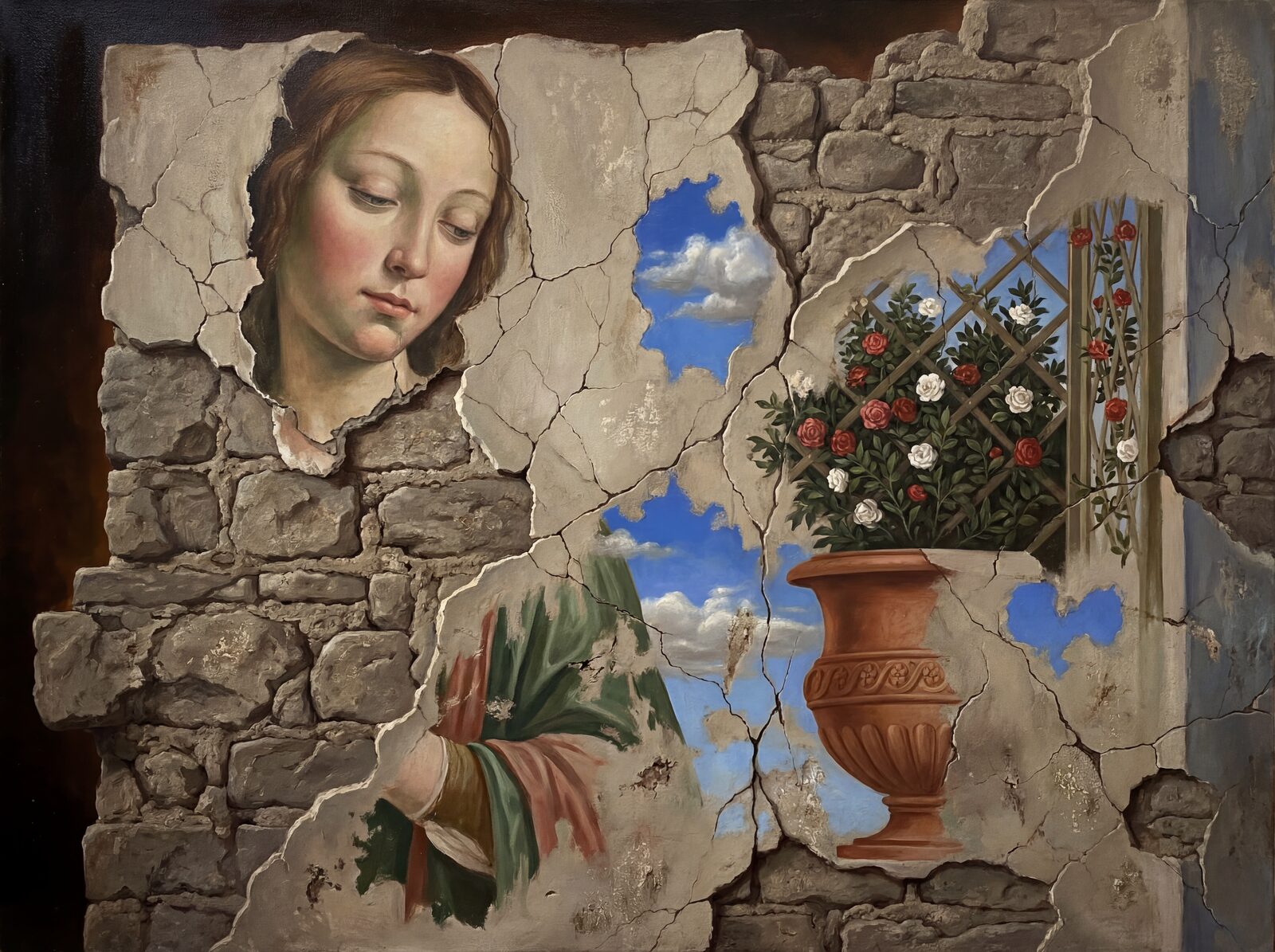 Experience the profound beauty of a crumbling Italian fresco. Featuring a palette of warm earth tones, vivid lapis, and stone grey. Made to order.