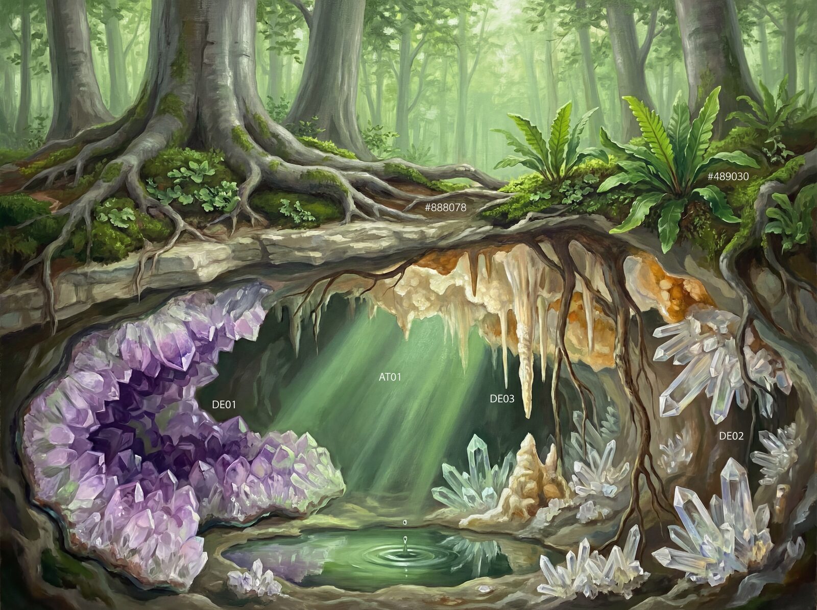 Discover a hidden crystal cave where forest meets mineral. A palette of amethyst, quartz, and calcite. Made to order.