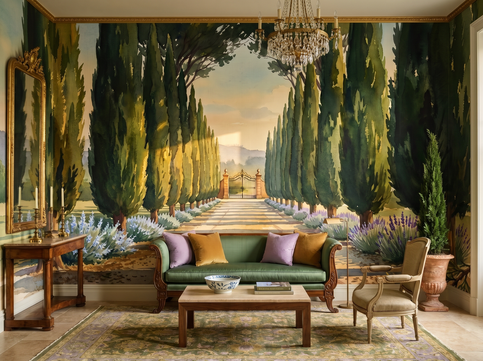 Cypress Avenue scenic wallpaper mural on the feature wall of a Mediterranean entrance hall, in a moody black-and-charcoal palette — The Wall Shawl.