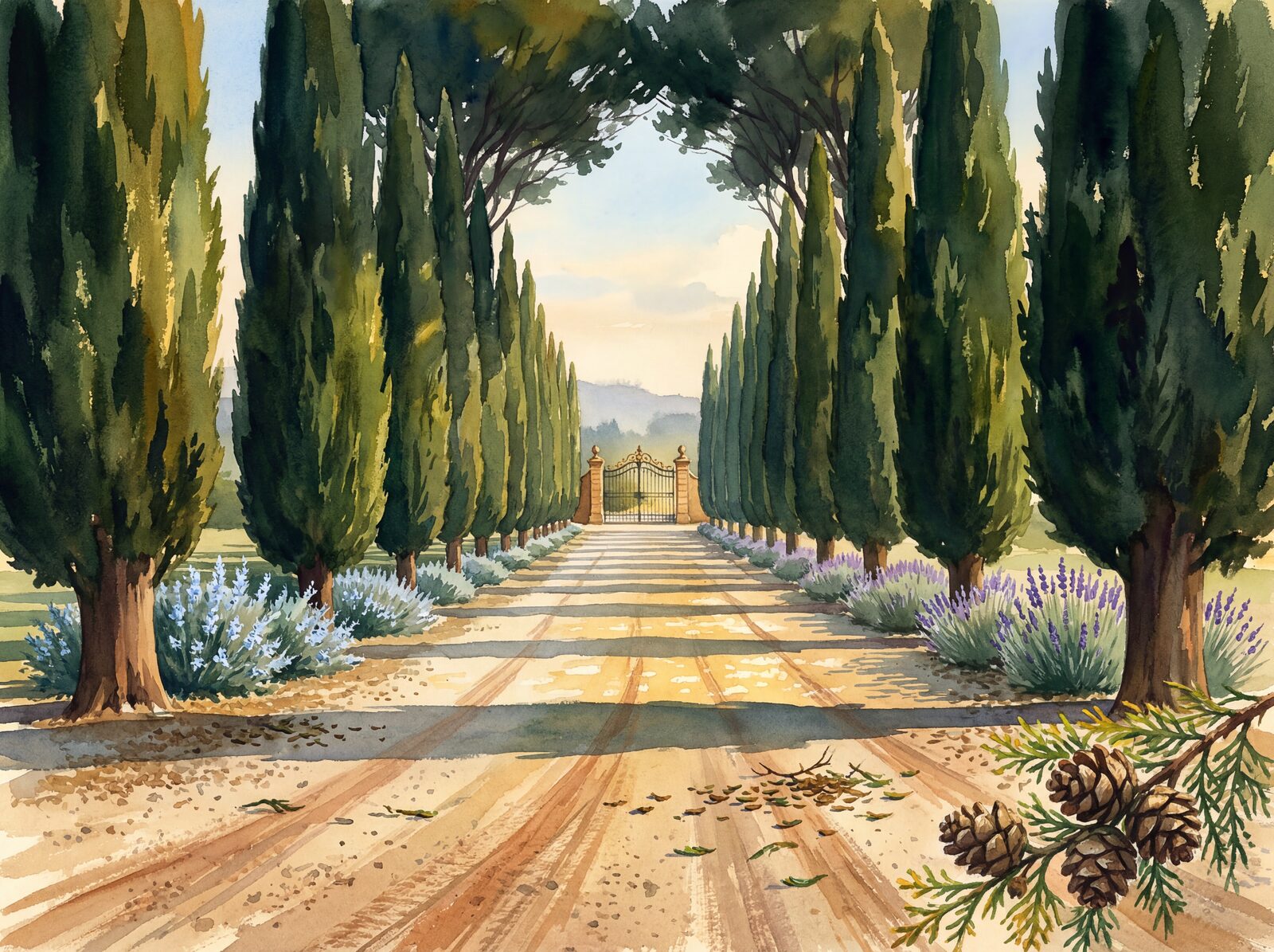 Scenic mural wallpaper featuring cypresses in Dark #1a2818, Warm #706050, and Pale #d8d0c0 hues. Made to order.