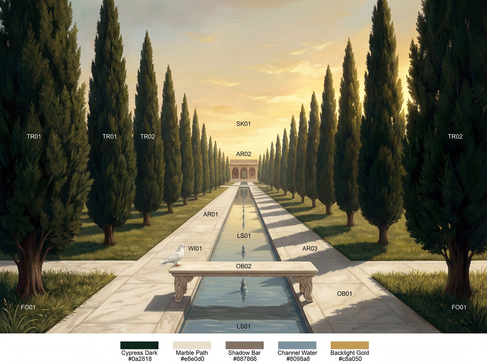 Mural wallpaper featuring cypress trees, marble path, and water channel in dark green, white, and golden hues. Made to order.