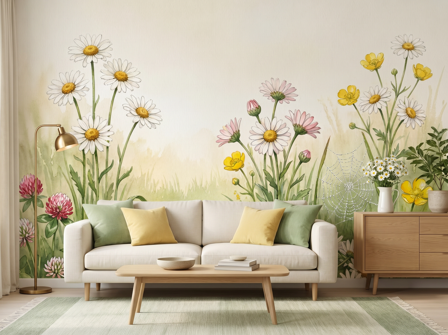 Daisy Chain scenic wallpaper mural on the feature wall of an English-country nursery, in a crisp white palette — The Wall Shawl.