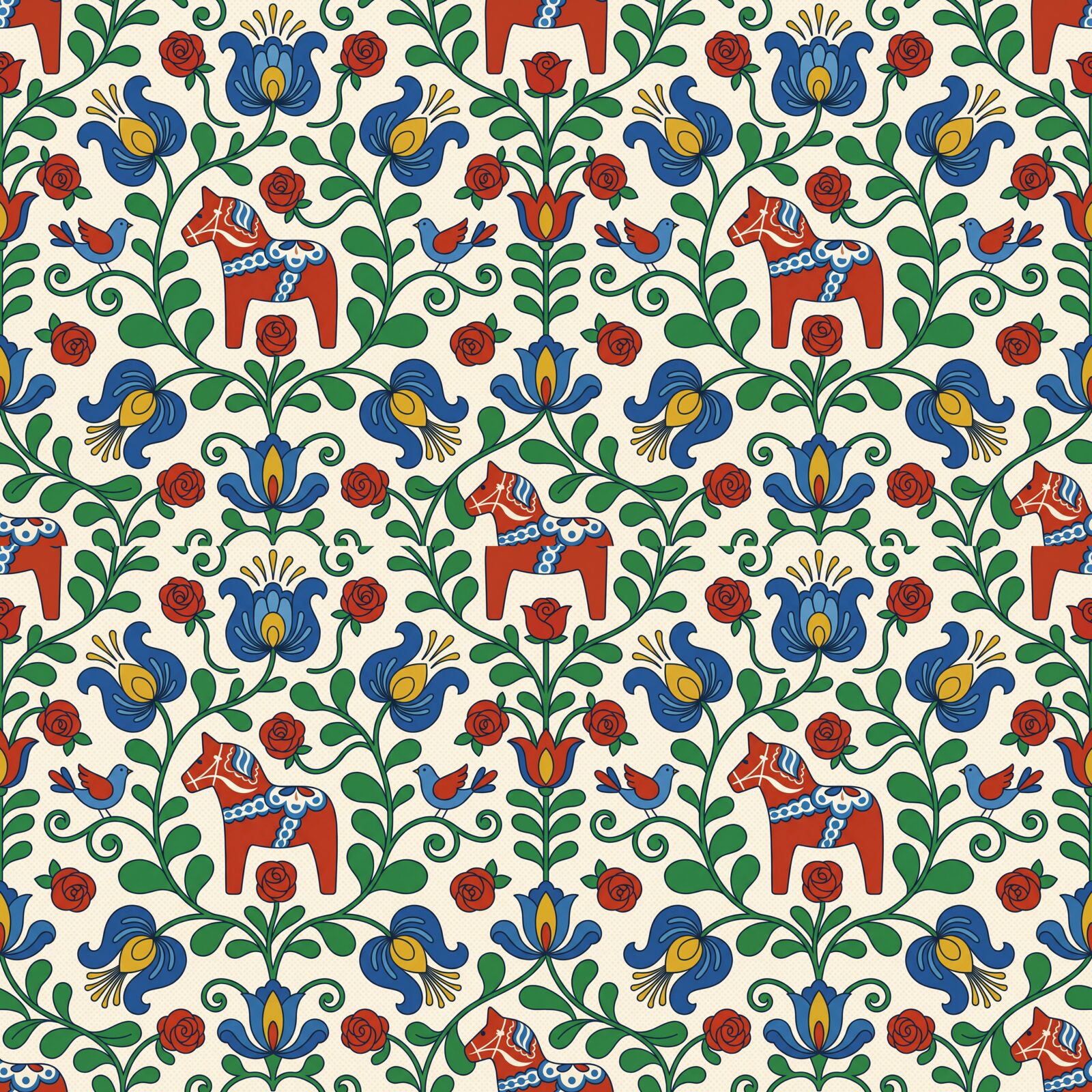 Experience the joyful celebration of Swedish folk art with this vibrant Dala horse and kurbits pattern in red, blue, green, and yellow. Made to order.