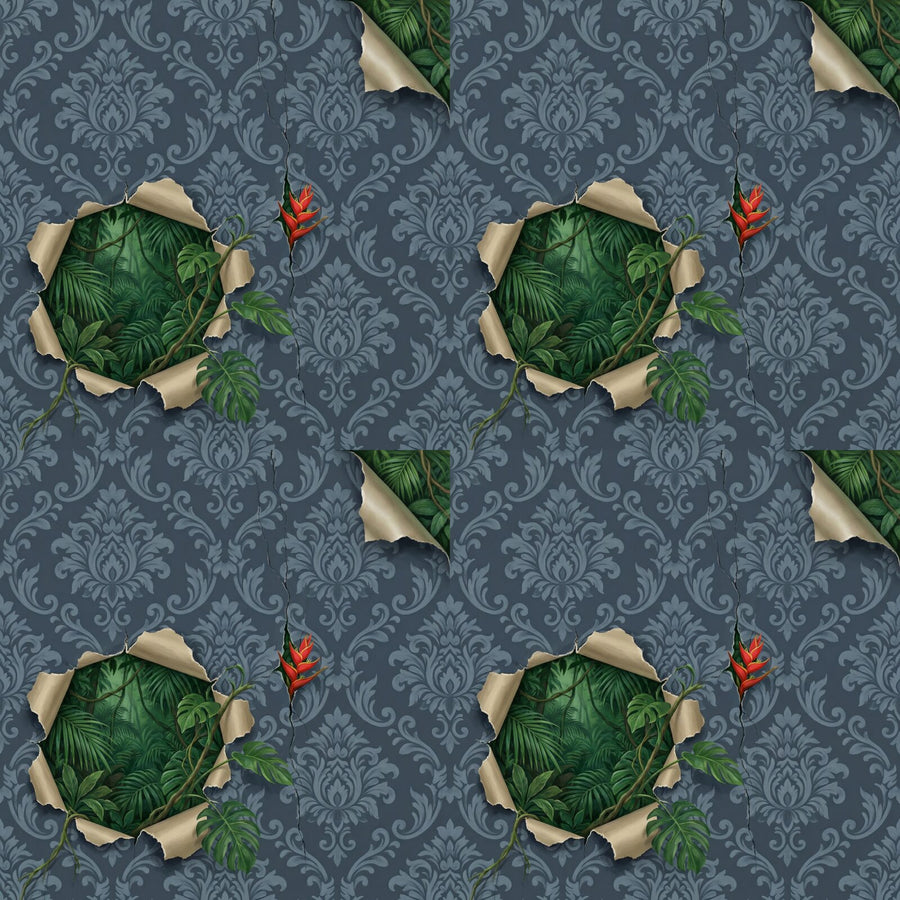 Subversive damask torn open to reveal a vibrant jungle. Blue-grey, green, scarlet, and plaster white palette. Made to order.