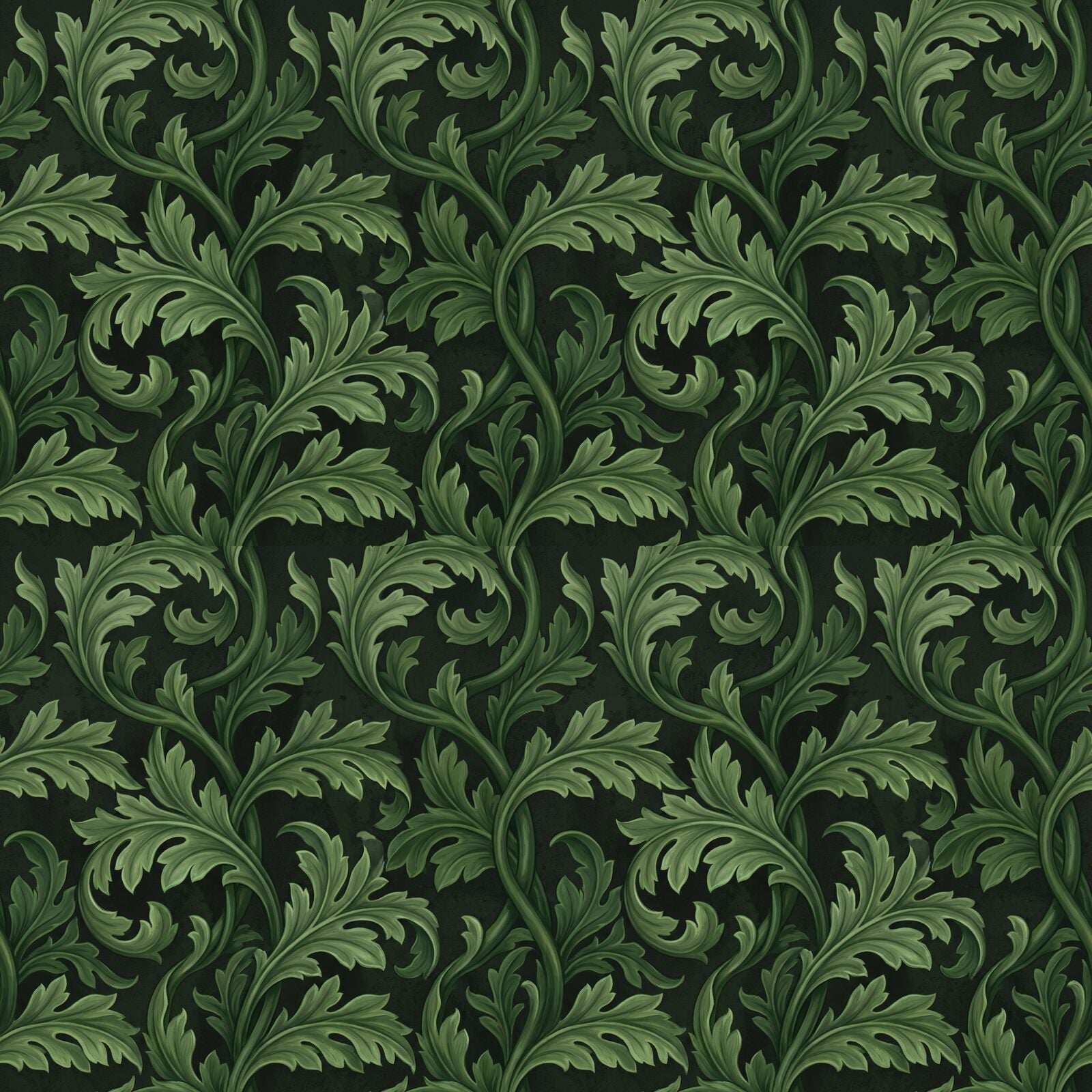 Immerse yourself in scholarly darkness with our Dark Acanthus mural, featuring deep green acanthus on a charcoal ground. Made to order.