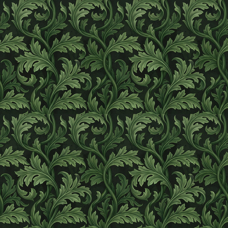 Immerse yourself in scholarly darkness with our Dark Acanthus mural, featuring deep green acanthus on a charcoal ground. Made to order.