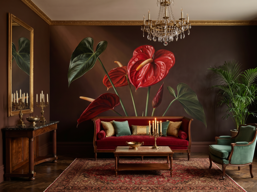 Dark Anthurium scenic wallpaper mural on the feature wall of a tropical study, in a moody black-and-charcoal palette — The Wall Shawl.