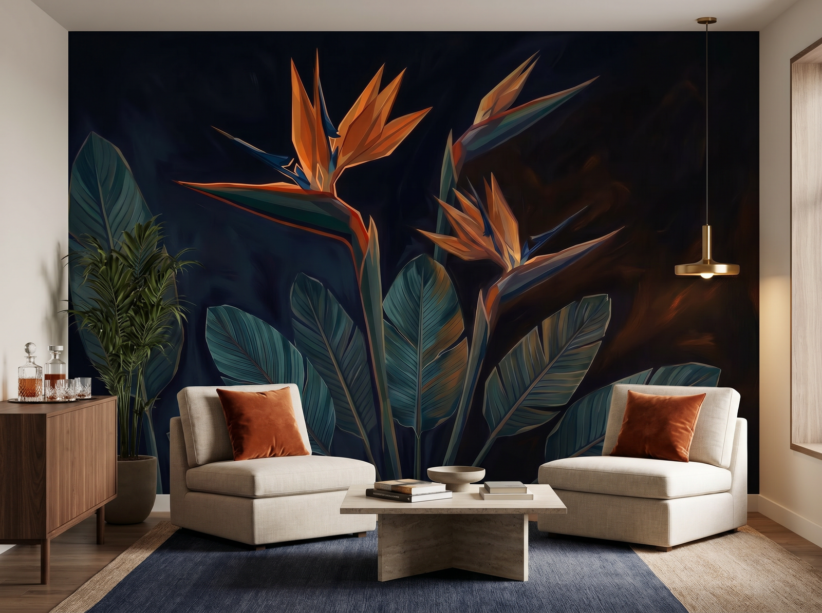 Dark Bird of Paradise scenic wallpaper mural on the feature wall of an English-country entrance hall, in a moody black-and-charcoal palette — The Wall Shawl.