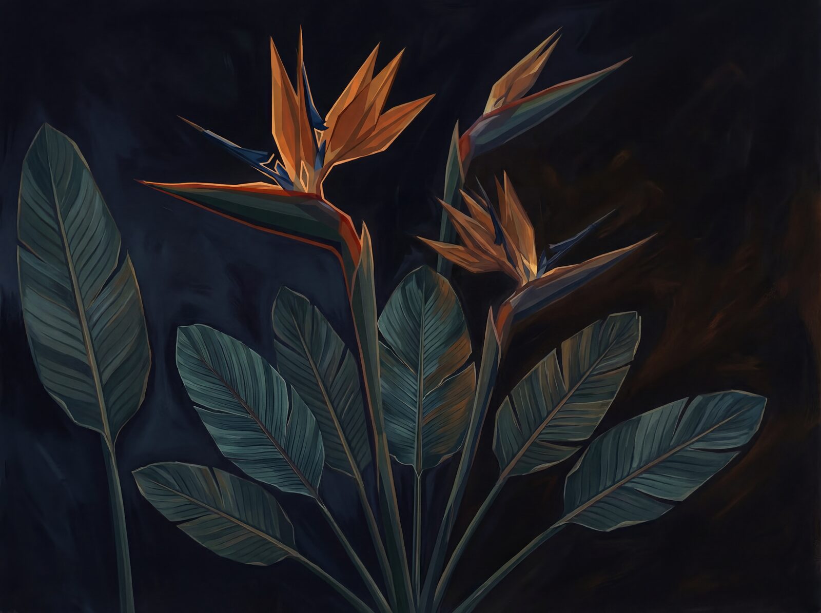 Tropical bird of paradise flower in dark amber, blue, and green. Made to order.