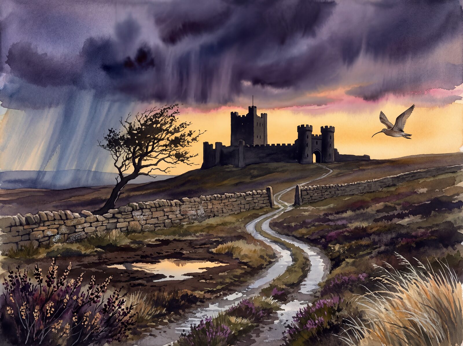 Immersive scenic mural with dark moorland, castle silhouette, and stormy sky in Moor Dark, Castle Silhouette, and Storm Advance hues. Made to order.