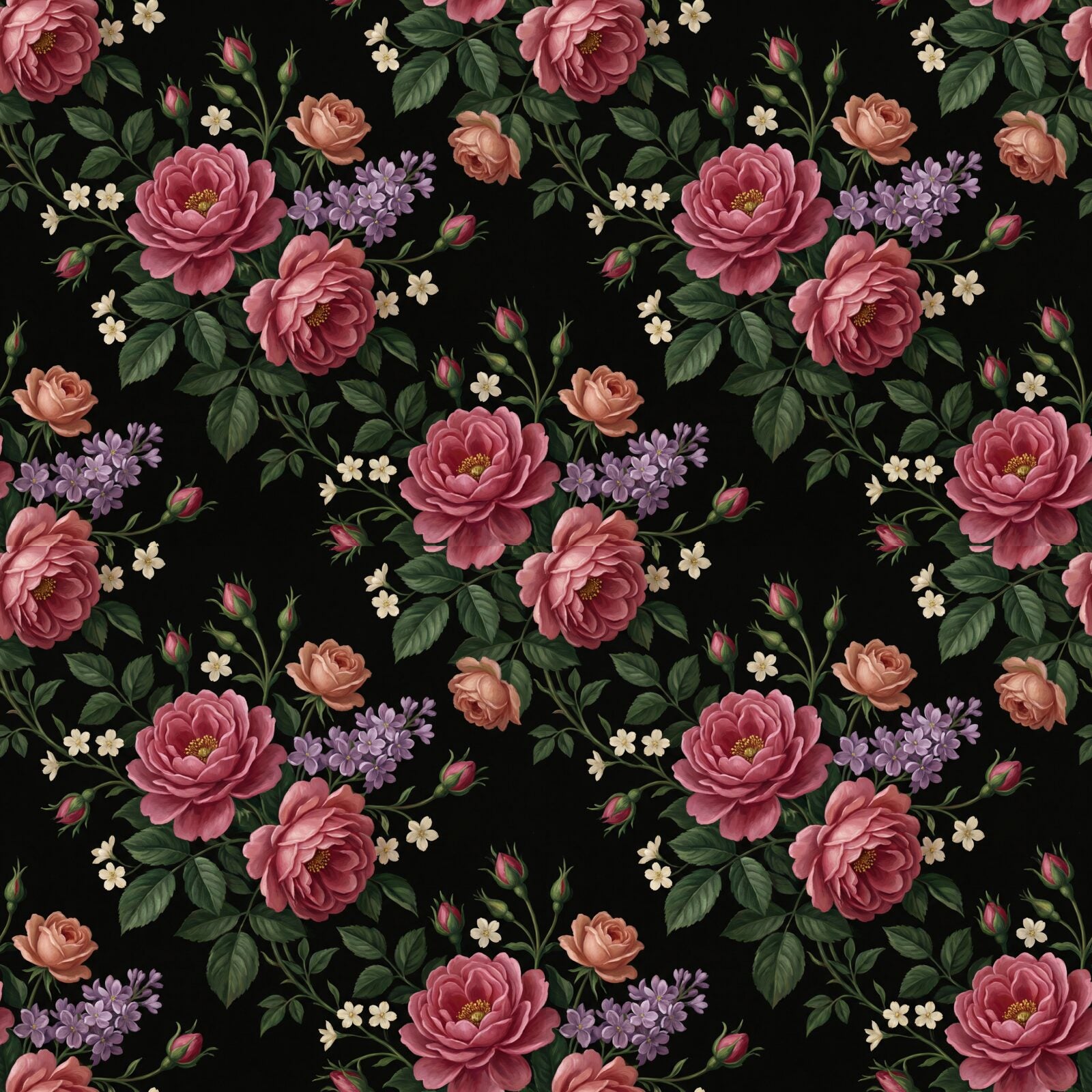 Immerse yourself in the rich, dark beauty of Dark Chintz. Featuring deep rose, faded coral, and warm ivory blooms on a near-black ground. Made to order.