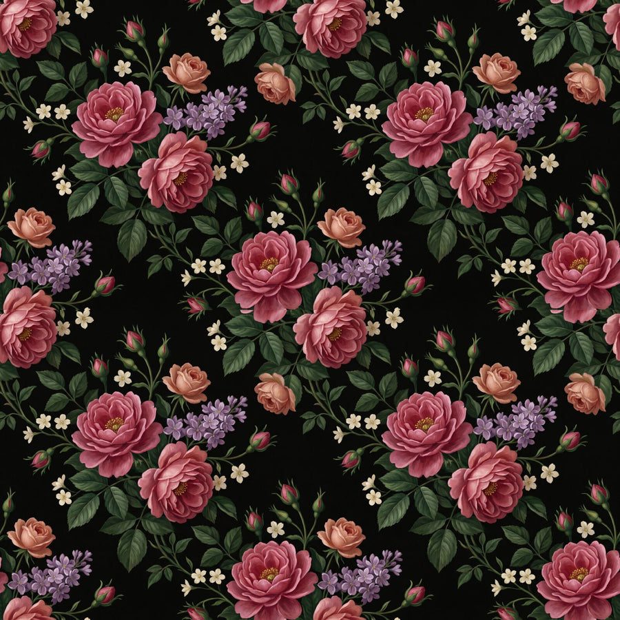 Immerse yourself in the rich, dark beauty of Dark Chintz. Featuring deep rose, faded coral, and warm ivory blooms on a near-black ground. Made to order.