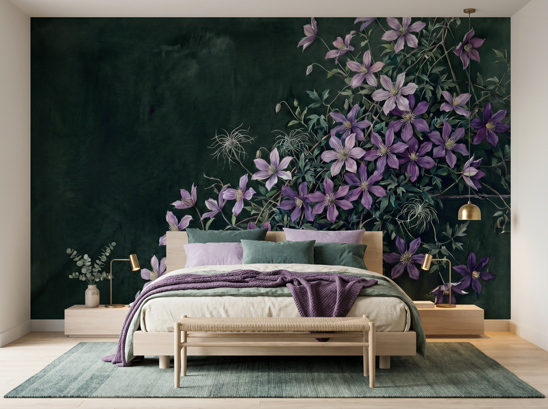Dark Clematis Cascade — Mural Wallpaper