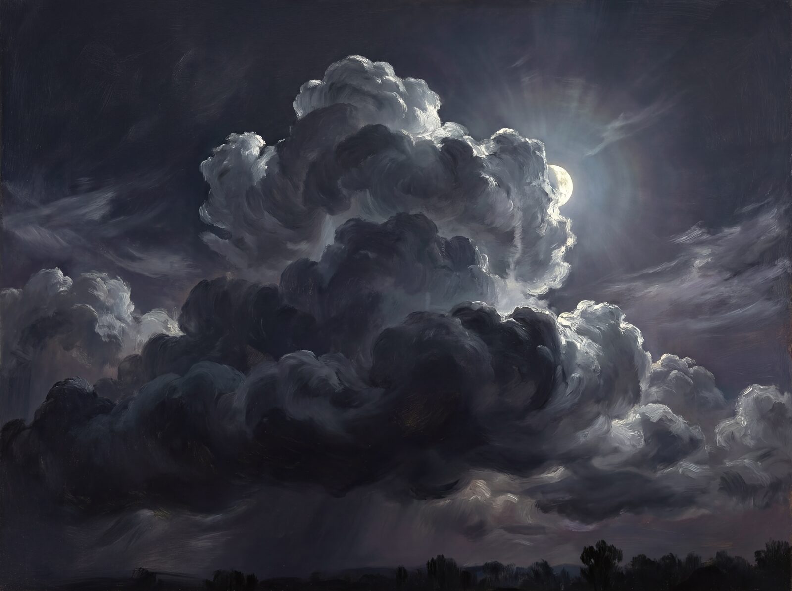 Witness the sublime drama of a moonlit thunderhead. Deep charcoals, moonlit silvers. Made to order.
