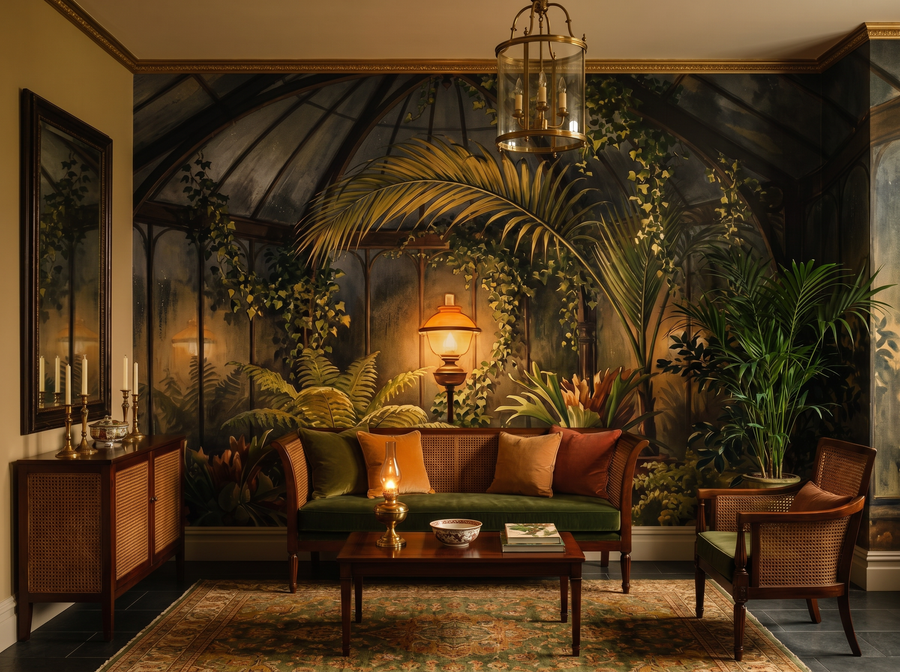 Dark Conservatory scenic wallpaper mural on the feature wall of a traditional living room, in a moody black-and-charcoal palette — The Wall Shawl.