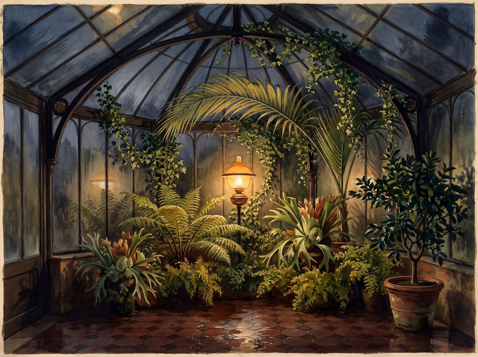 Immersive scenic mural with Night Glass, Iron Frame, and Lamp Warm palette. Made to order.
