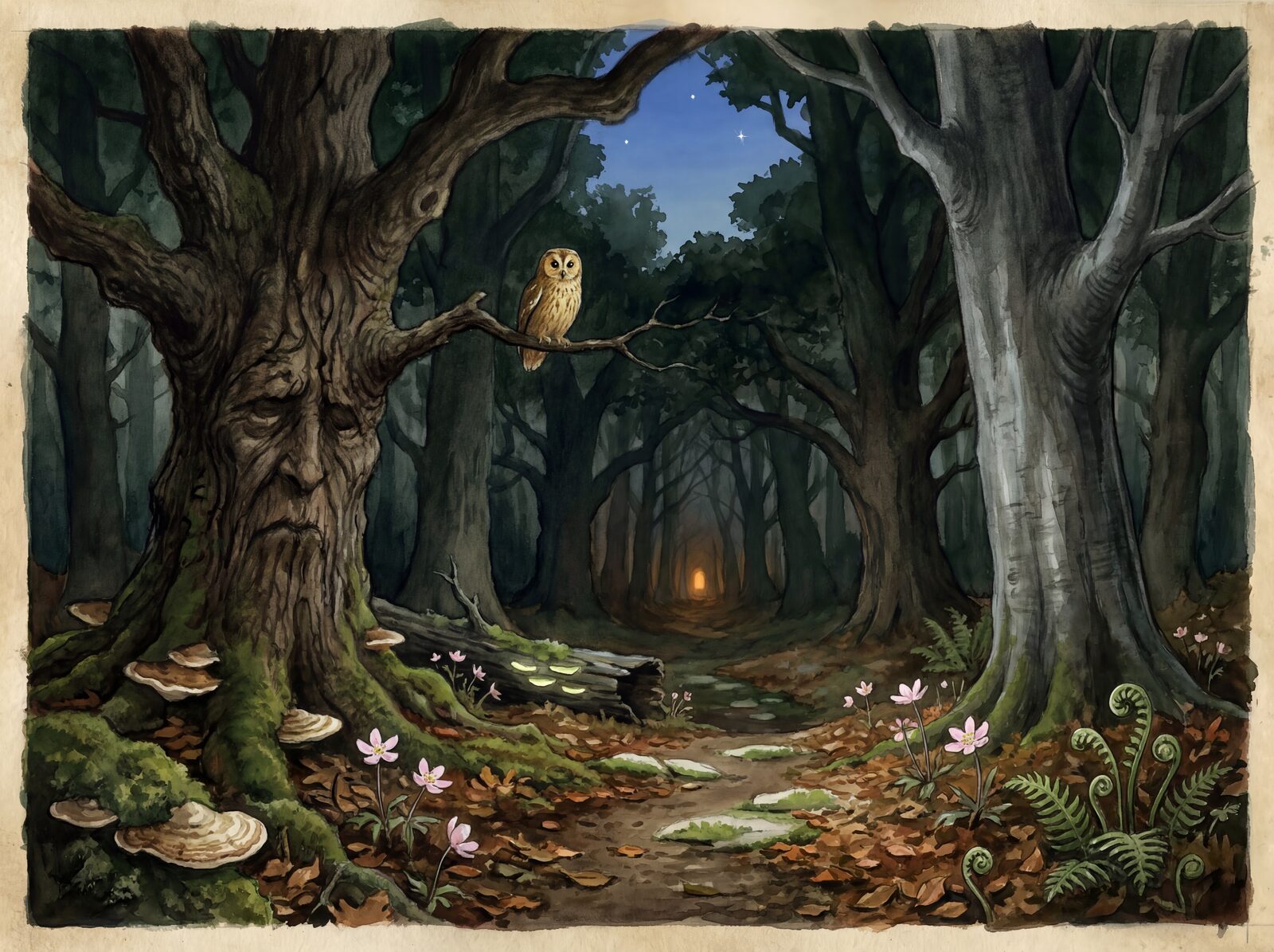 Immersive forest scene with Deep Forest Dark, Ancient Bark, and Distant Amber hues. Made to order.