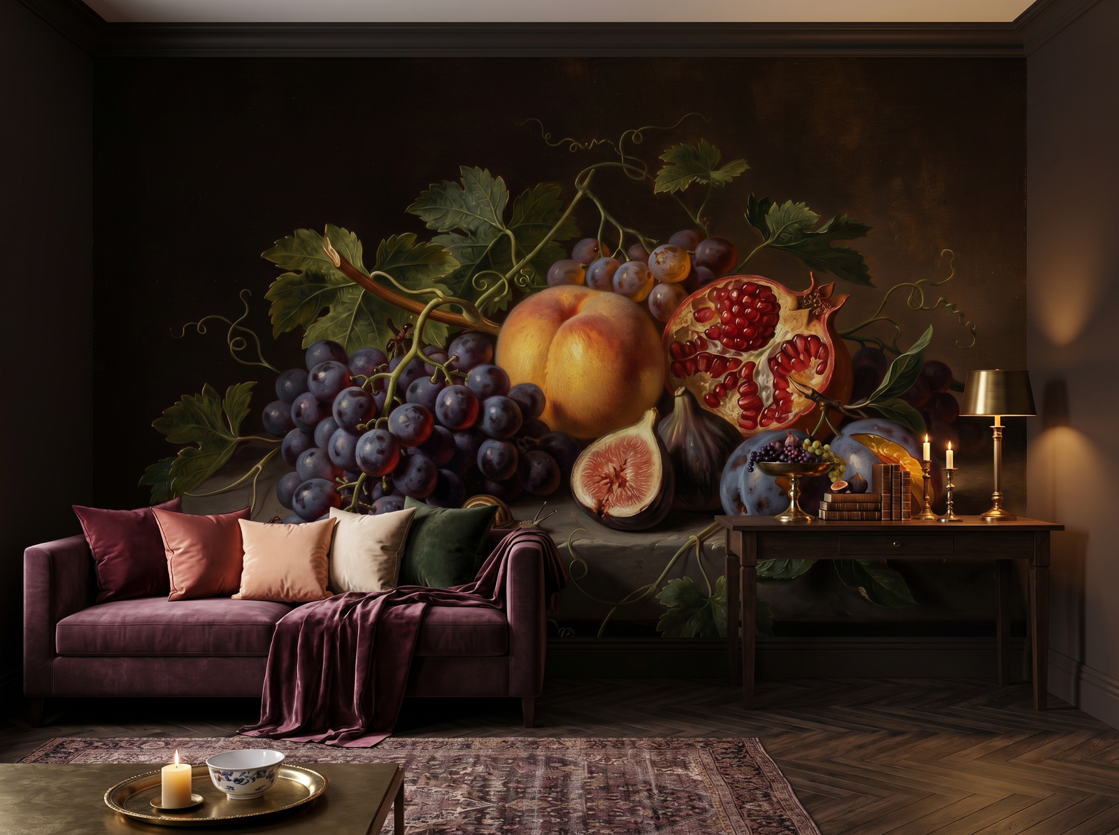Dark Fruit Still Life wallpaper mural styled in a Dark Academia Dining Room, Art / Masters, Black / Charcoal palette.