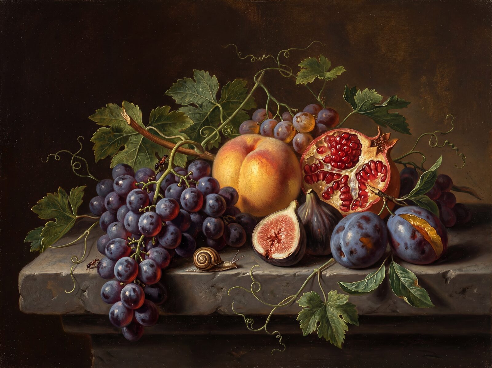 Experience the opulent 'Dark Fruit Still Life' mural, featuring a rich palette of umber, grape purple, and peach gold. Made to order.