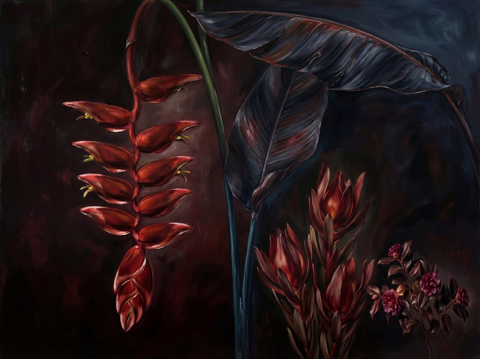 Immersive heliconia mural with dark red, yellow-green, and dark green hues. Made to order.