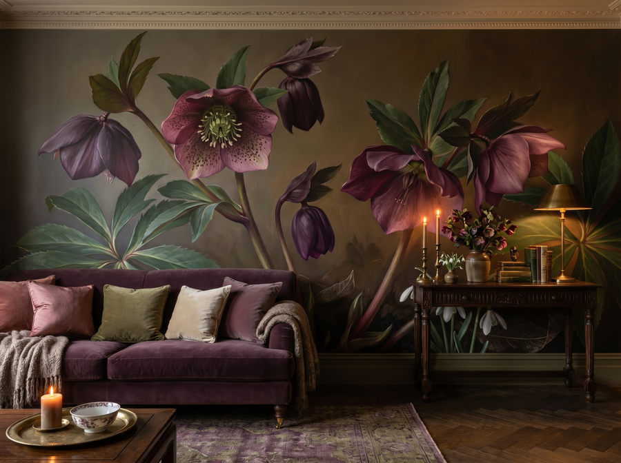 Dark Hellebore scenic wallpaper mural on the feature wall of an English-country study, in a moody black-and-charcoal palette — The Wall Shawl.