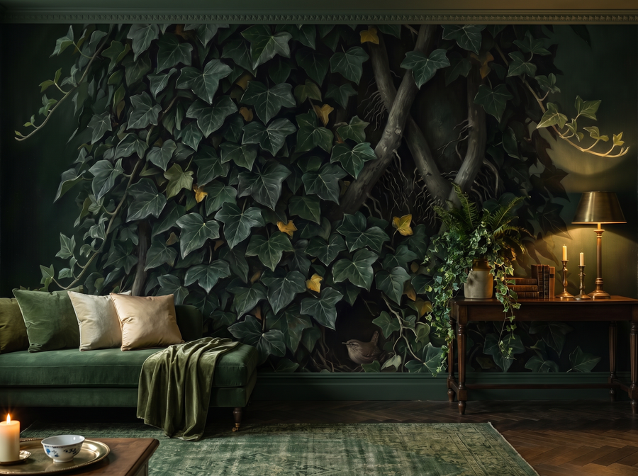 Dark Ivy scenic wallpaper mural on the feature wall of an English-country living room, in a moody black-and-charcoal palette — The Wall Shawl.