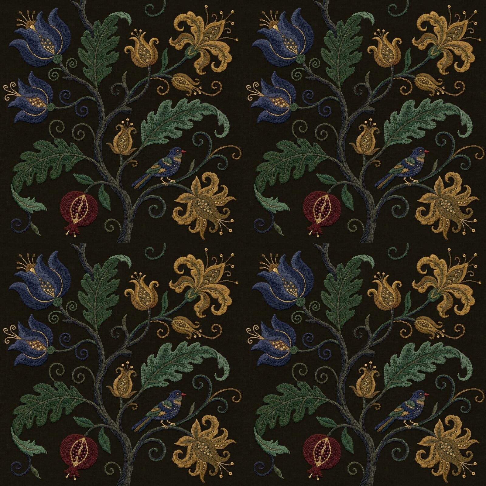 Immerse yourself in antiquarian warmth with Dark Jacobean mural wallpaper, featuring an aged indigo, ochre, and forest green palette. Made to order.