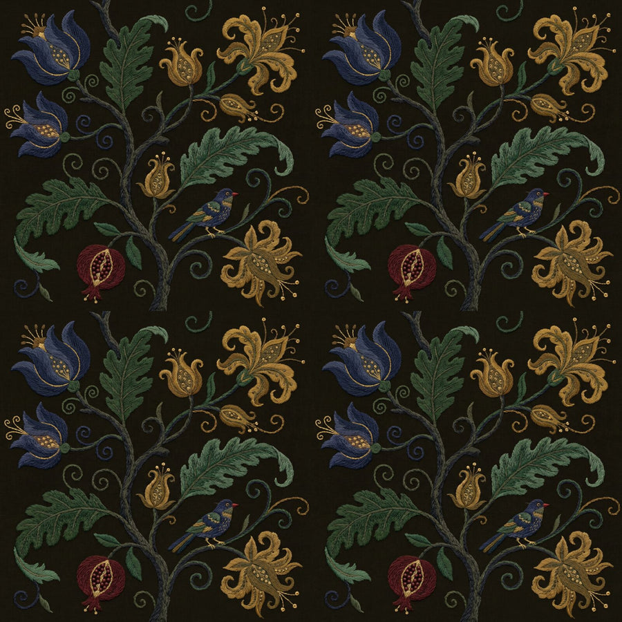 Immerse yourself in antiquarian warmth with Dark Jacobean mural wallpaper, featuring an aged indigo, ochre, and forest green palette. Made to order.