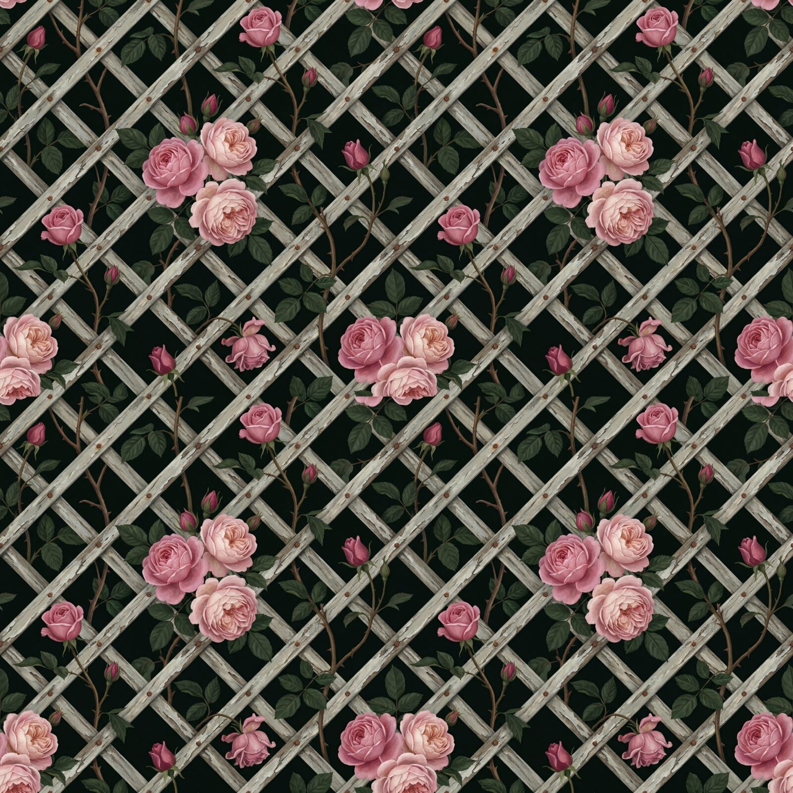 A climbing rose on a diamond trellis at dusk, deep pink and shadowy green on a near-black ground. Made to order.