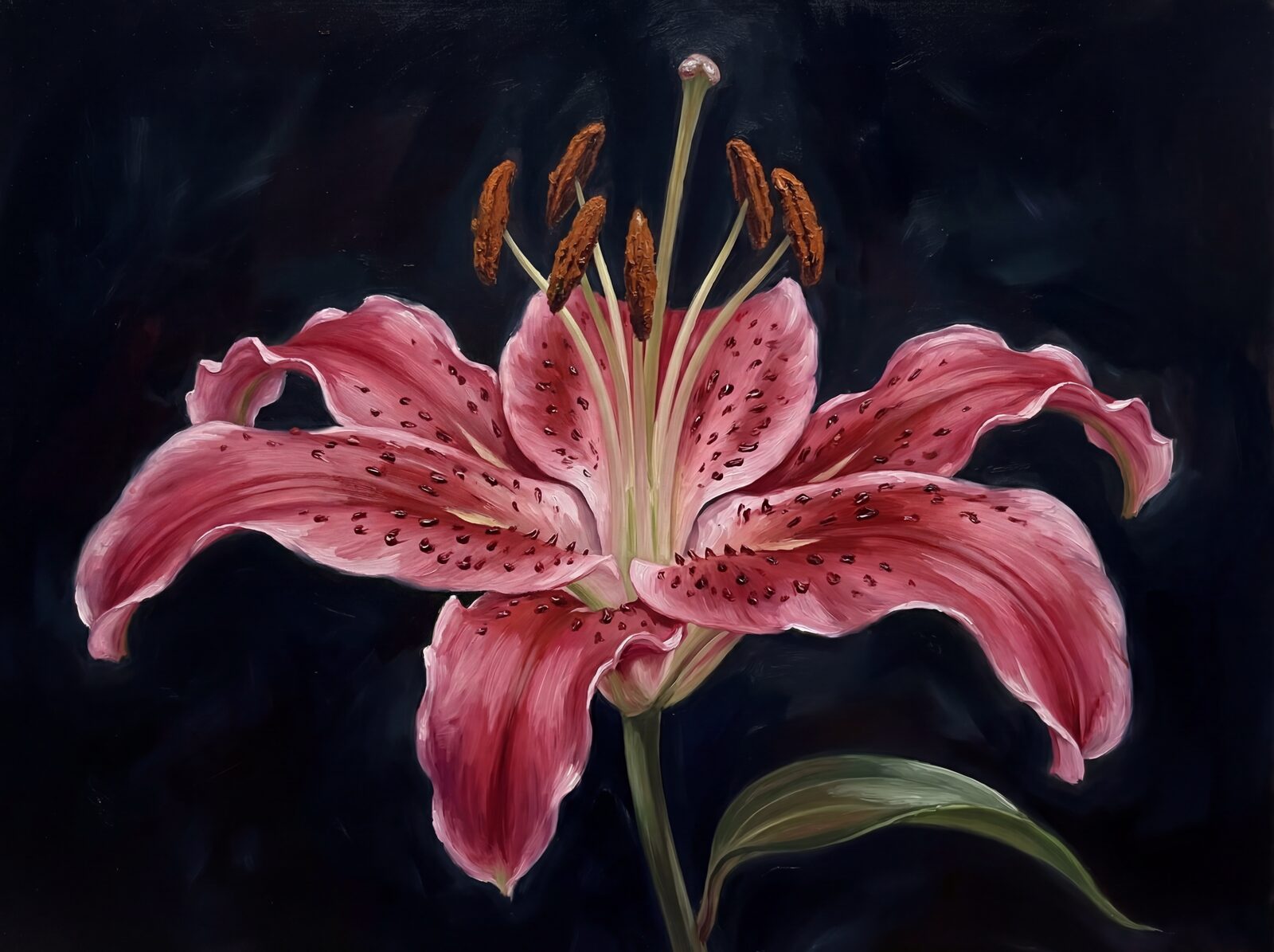 Experience the intense beauty of a stargazer lily in full bloom. Featuring a Void Black ground, deep Crimson Petal, and striking Leopard Spot details. Made to order.