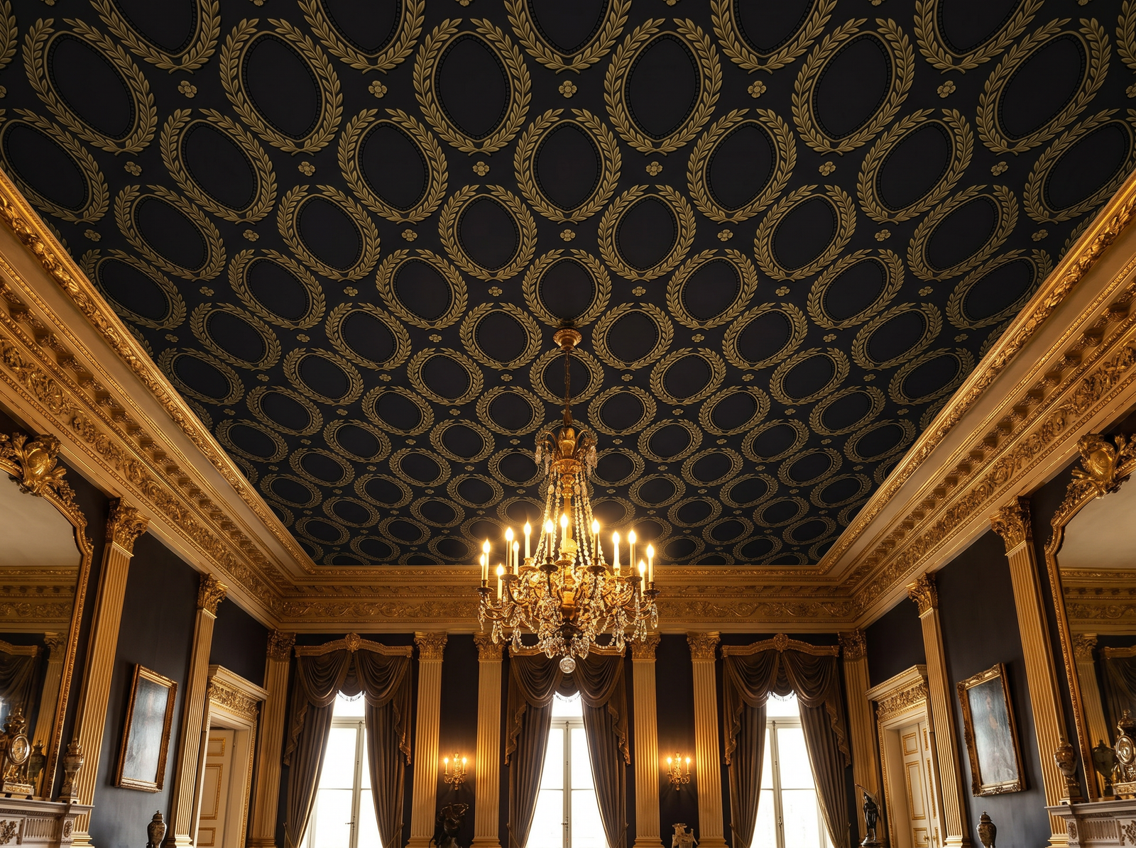 Dark Medallion wallpaper mural styled in a Traditional / Classic Bedroom, Damask, Black / Charcoal palette.