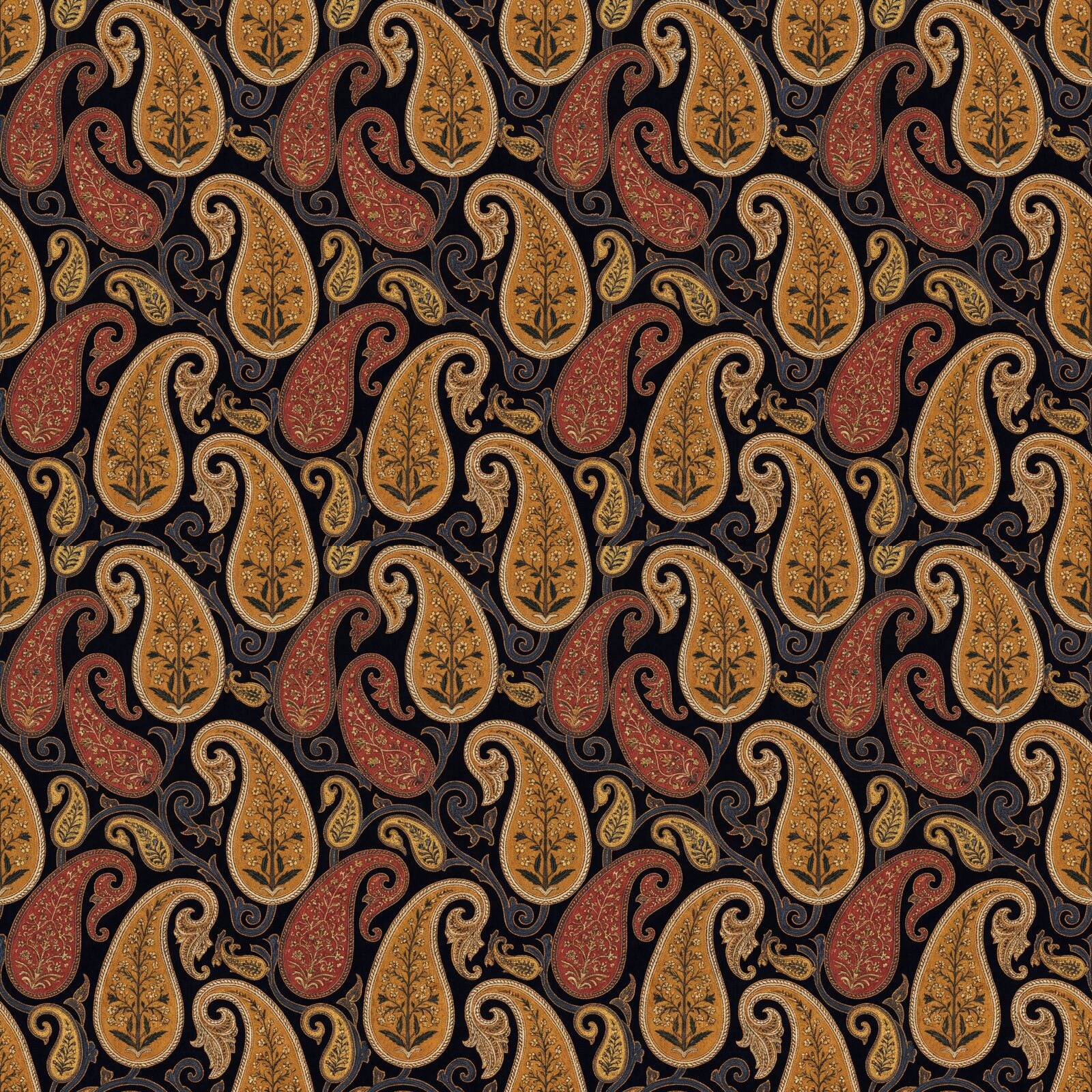 Experience the ancient luxury of Dark Paisley, a rich pattern of amber, red, and gold on an oxidised indigo ground. Made to order.