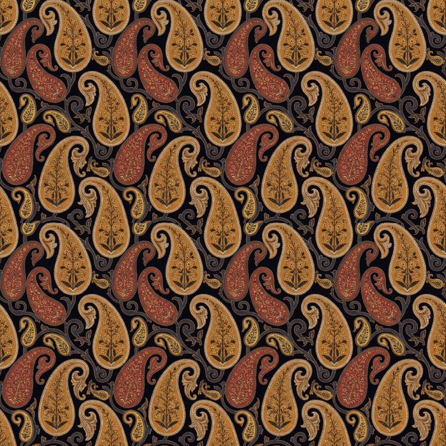 Experience the ancient luxury of Dark Paisley, a rich pattern of amber, red, and gold on an oxidised indigo ground. Made to order.