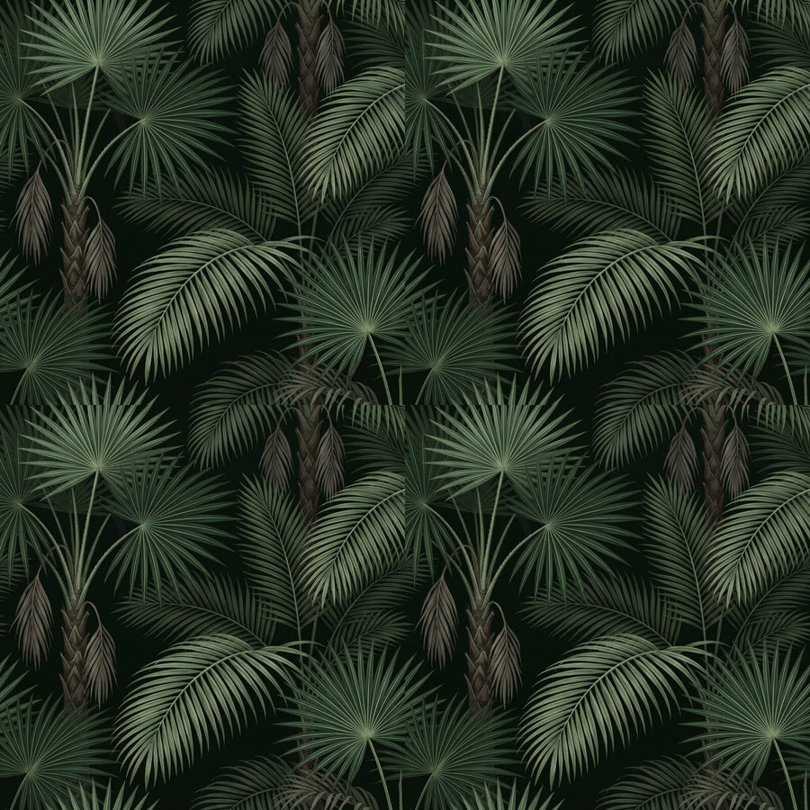 Experience Victorian botanical grandeur with Dark Palm, a mural wallpaper featuring deep greens and earthy browns. Made to order.