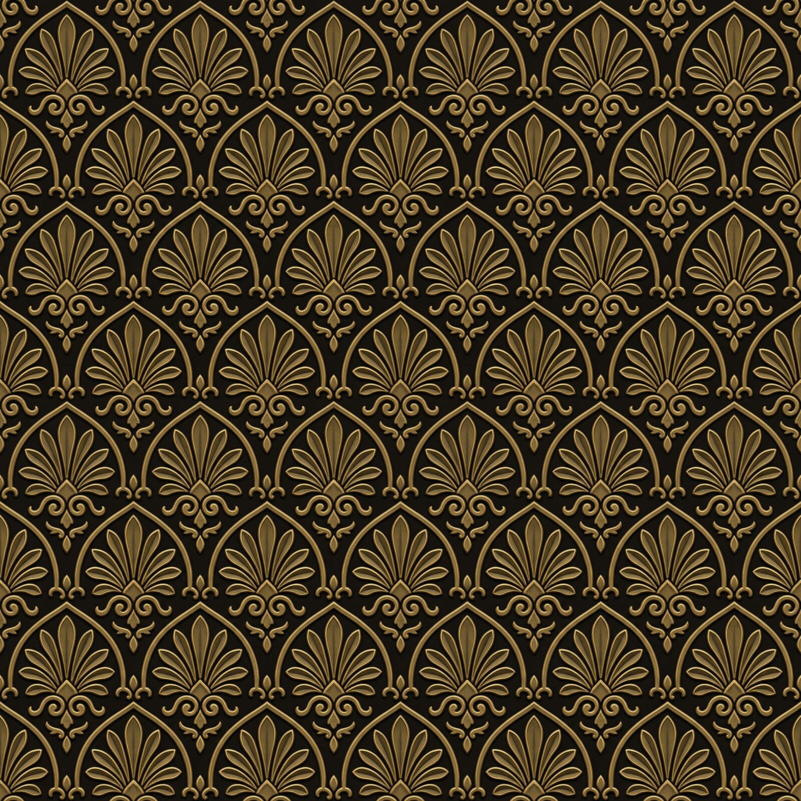 Immerse yourself in the ancient beauty of Dark Palmette, a Heritage Patterns mural in deep warm darks and antique gold. Made to order.