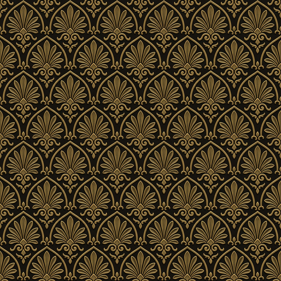 Immerse yourself in the ancient beauty of Dark Palmette, a Heritage Patterns mural in deep warm darks and antique gold. Made to order.