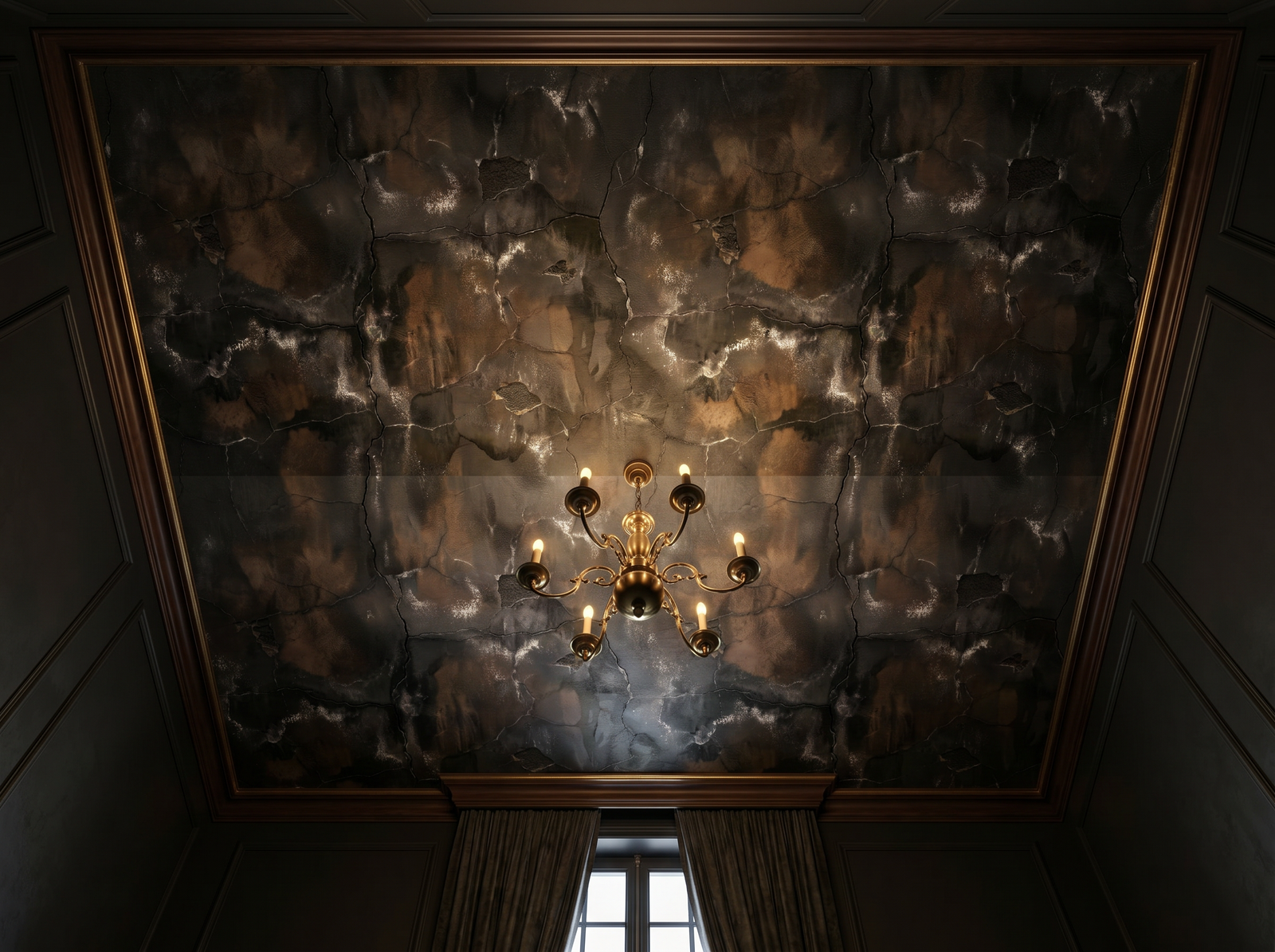 Dark Plaster wallpaper mural styled in a Hollywood Regency Living Room / Lounge, Insects, Black / Charcoal palette.
