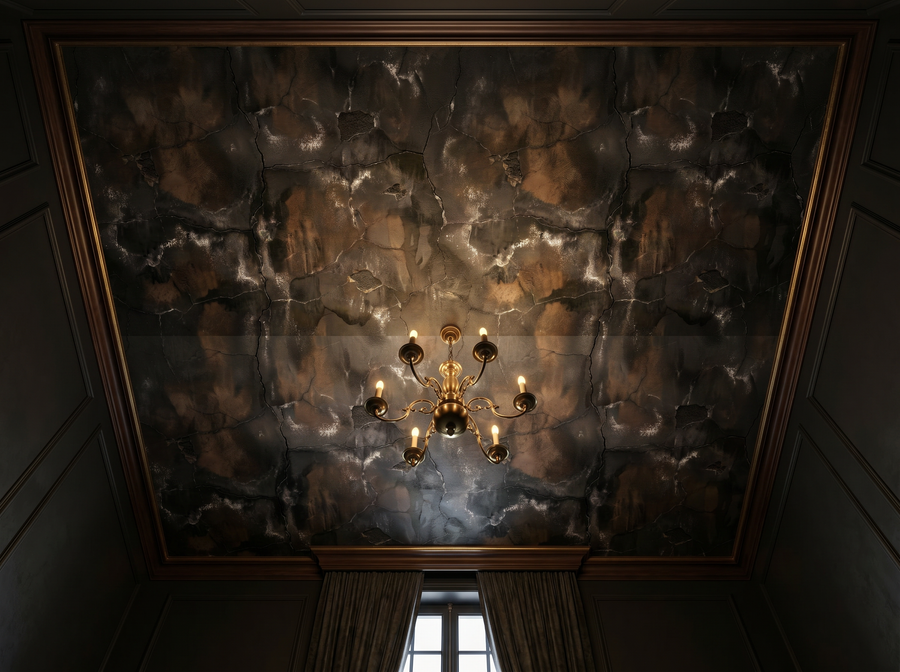 Dark Plaster wallpaper mural styled in a Hollywood Regency Living Room / Lounge, Insects, Black / Charcoal palette.