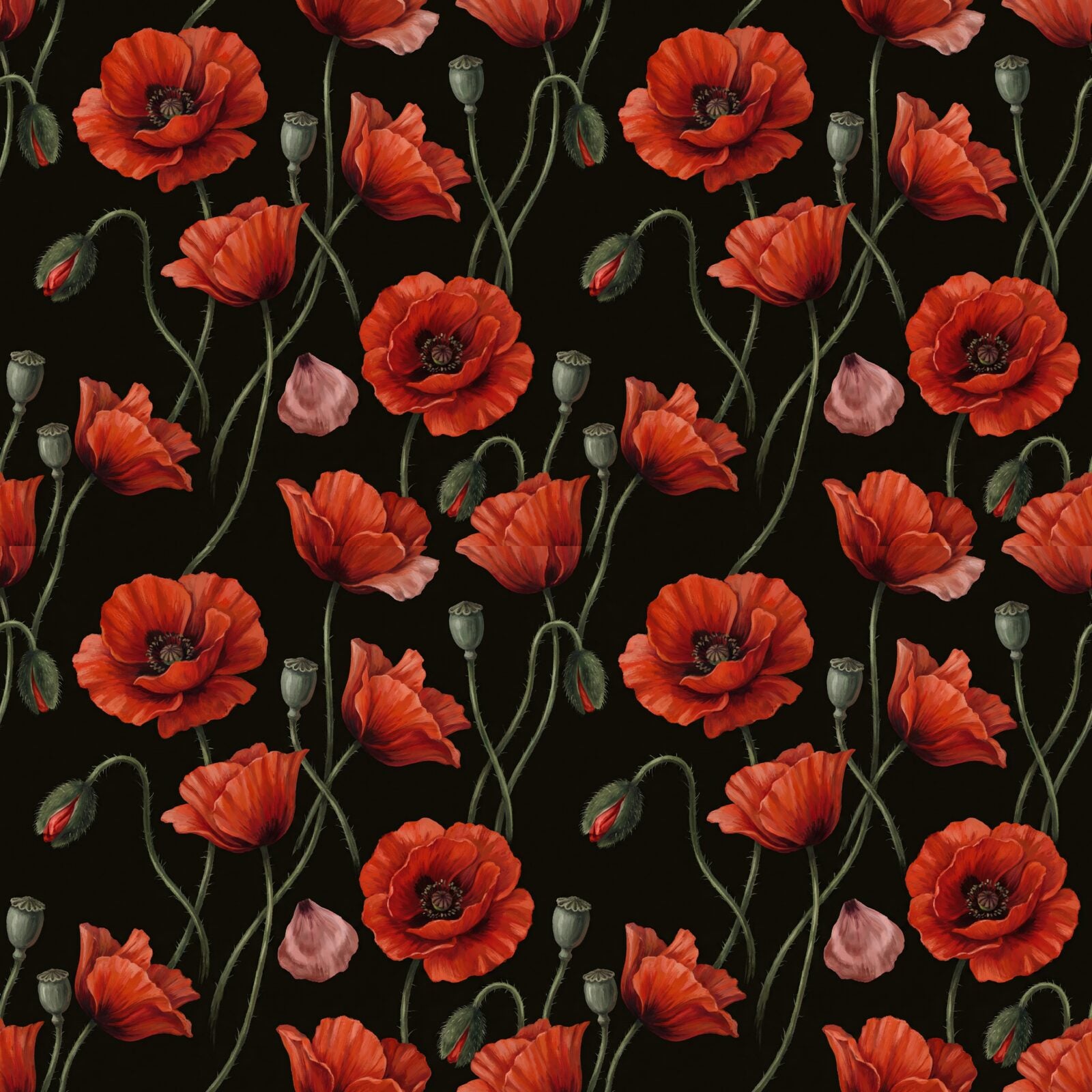 Experience the dramatic fragility of poppies at dusk. Intense vermillion and crimson on a near-black ground. Made to order.