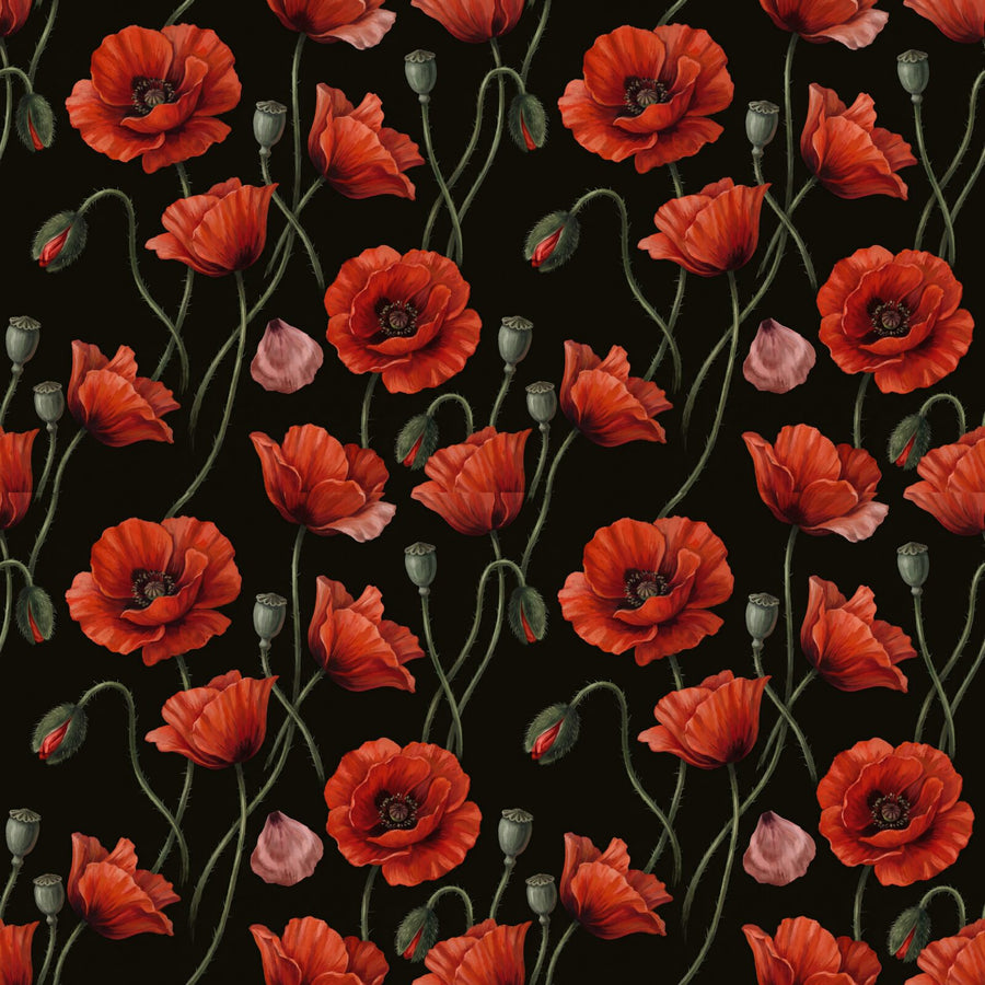 Experience the dramatic fragility of poppies at dusk. Intense vermillion and crimson on a near-black ground. Made to order.