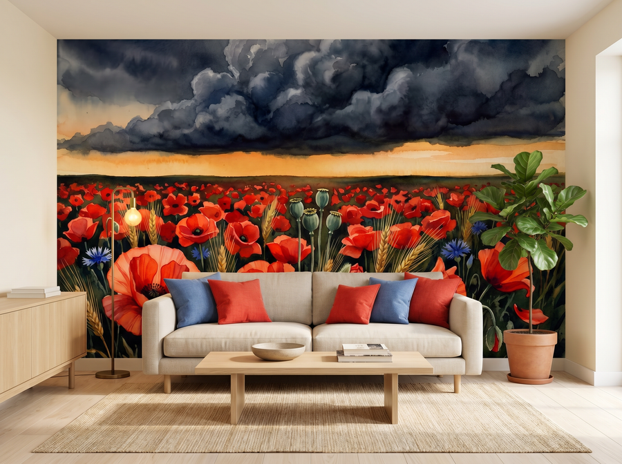Dark Poppy Field scenic wallpaper mural on the feature wall of an English-country living room, in a moody black-and-charcoal palette — The Wall Shawl.