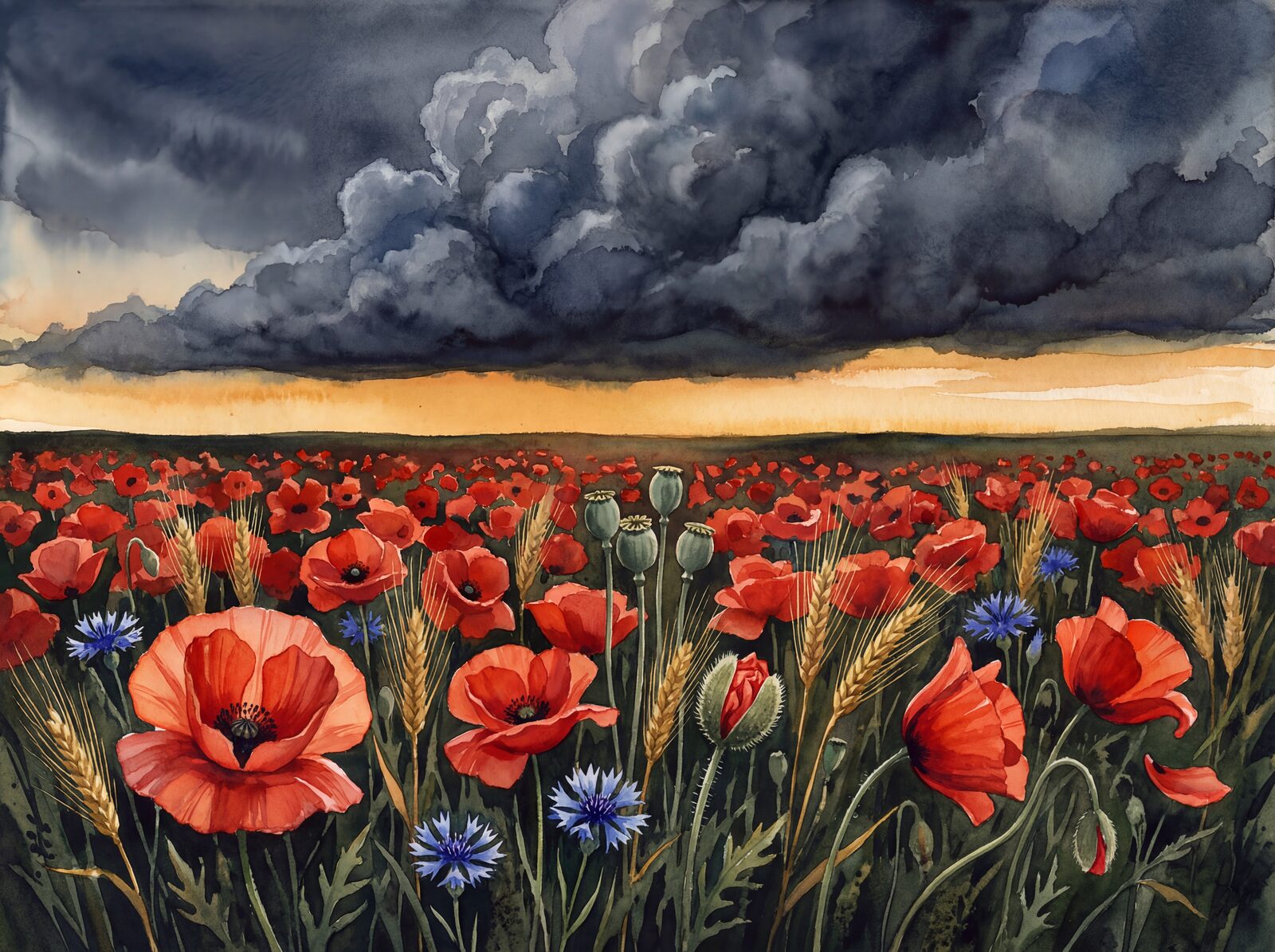 Vivid poppy field amidst stormy skies with Storm Dark, Poppy Vermillion, and Grain Gold hues. Made to order.